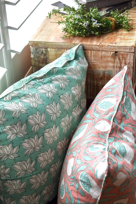 Block & Print Soft Furnishings Green Lotus Cushion 50cm x 50cm w Feather Insert